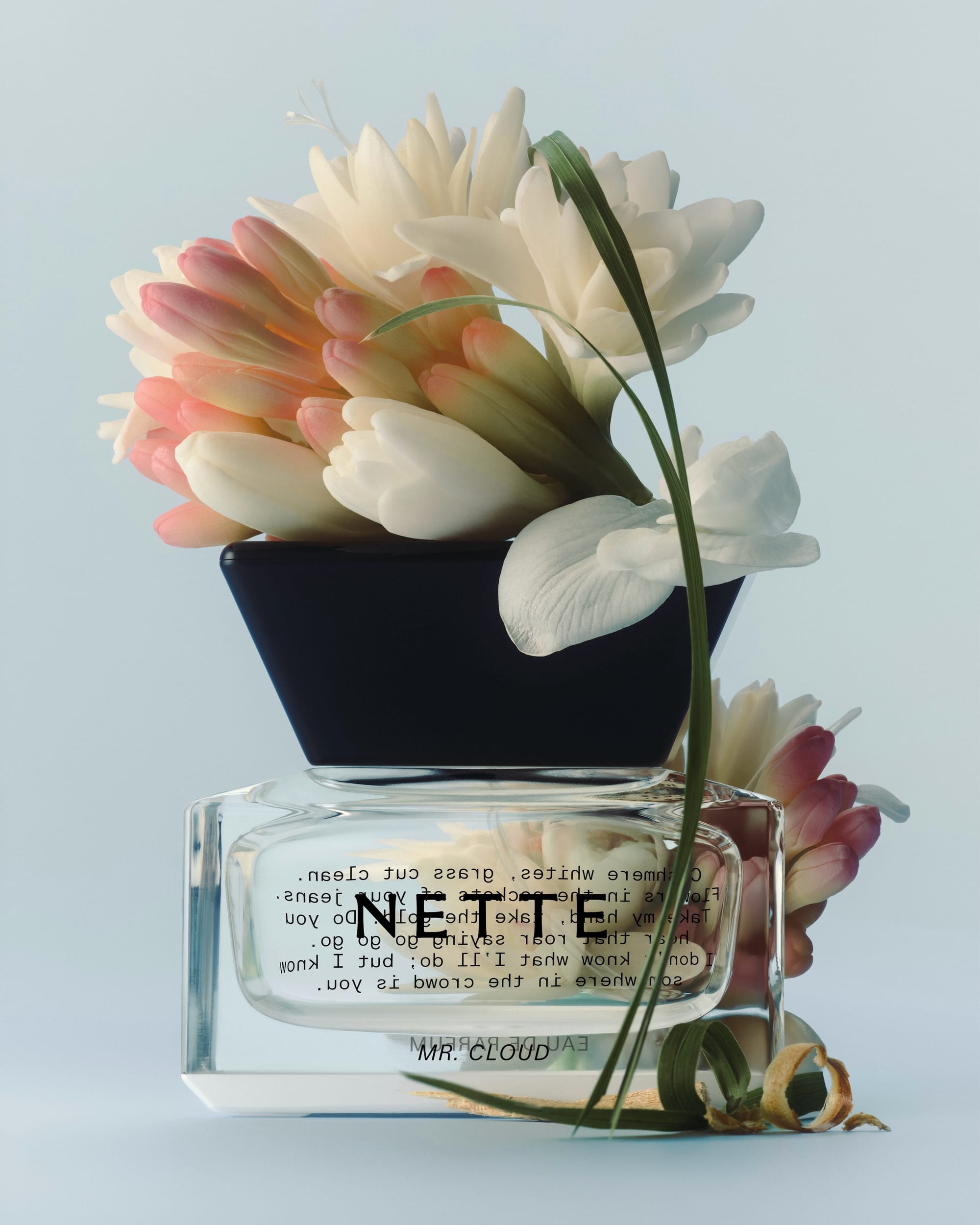 NETTE Mr. Cloud product photo: clear glass and black cap, glass and organic, soft light