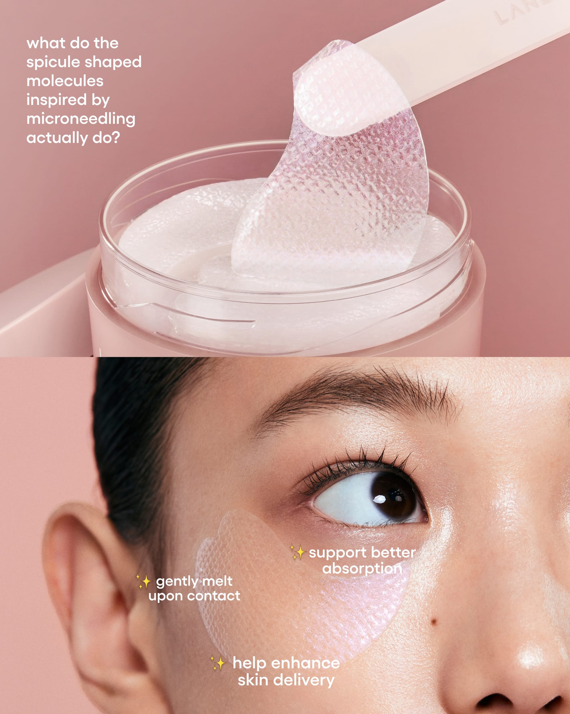 LANEIGE Bouncy & Firm patches product photo: clear gel, blush pink and pearl white, plastic, soft light, image 2 of 4