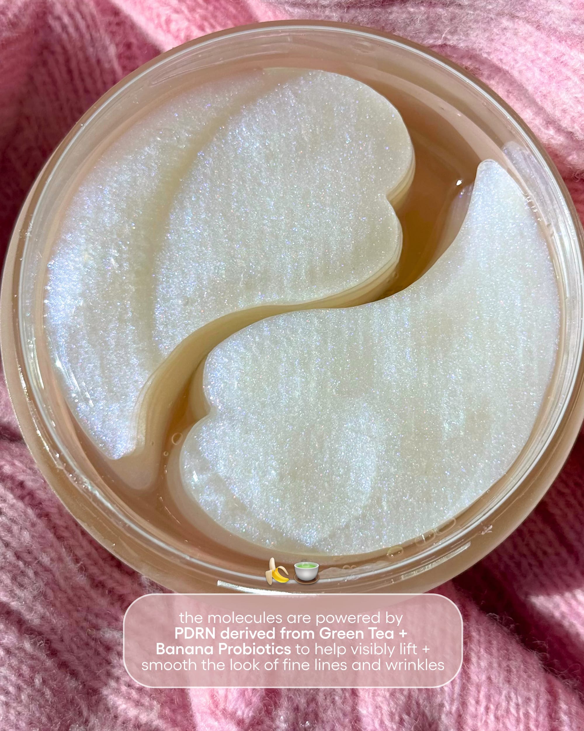 LANEIGE Bouncy & Firm patches product photo: clear gel, blush pink and pearl white, plastic, soft light, image 3 of 4