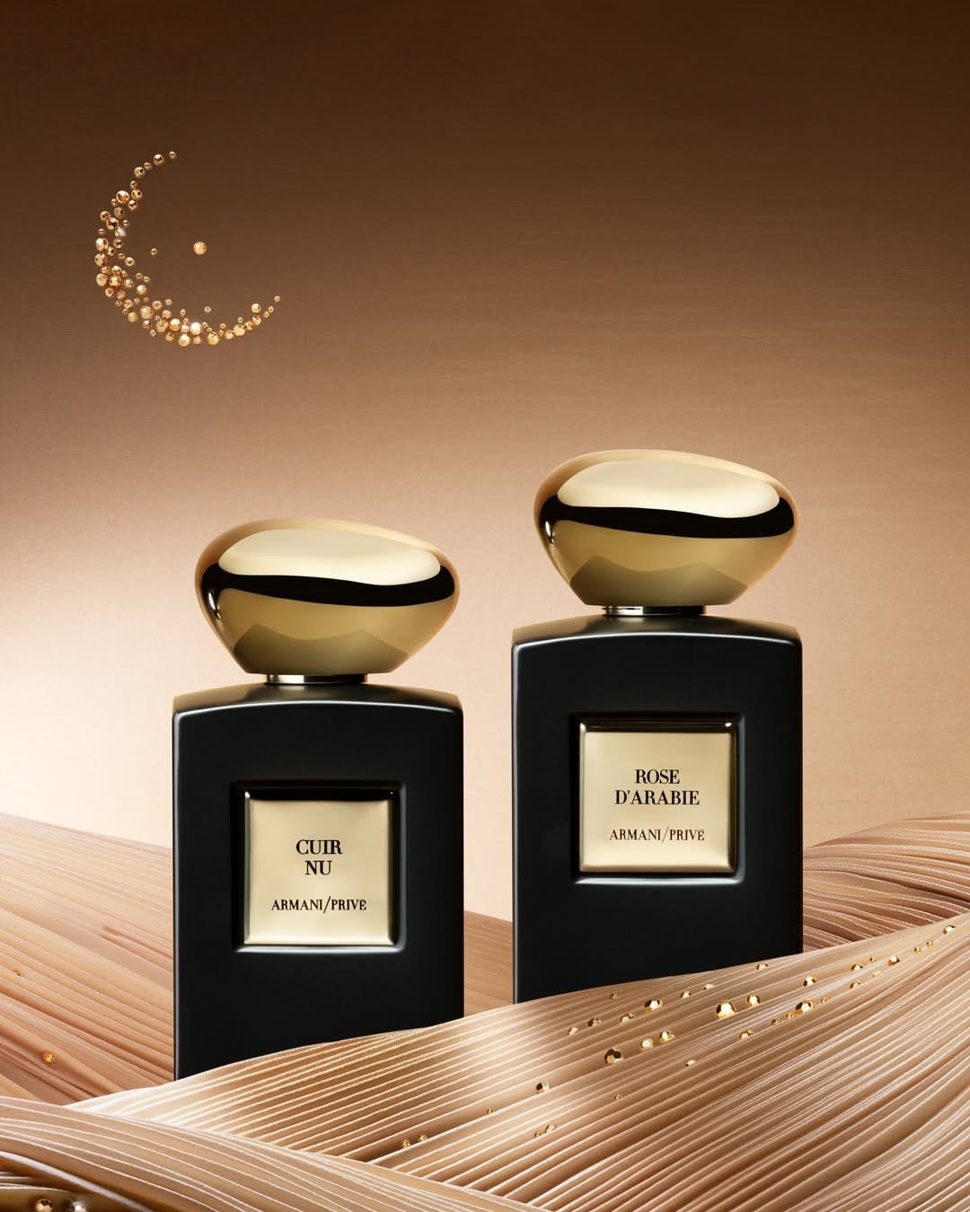 Armani Beauty Ramadan campaign product photo: ruby red, emerald green, jet black and gold, glass, studio light, image 3 of 3