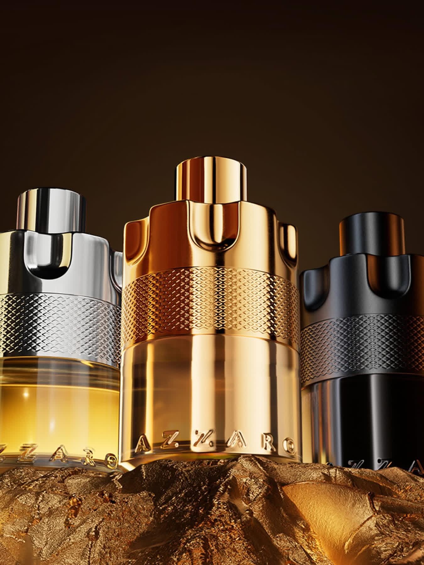 Azzaro Parfums product photo: polished gold, onyx black and brushed silver, metal, dramatic light