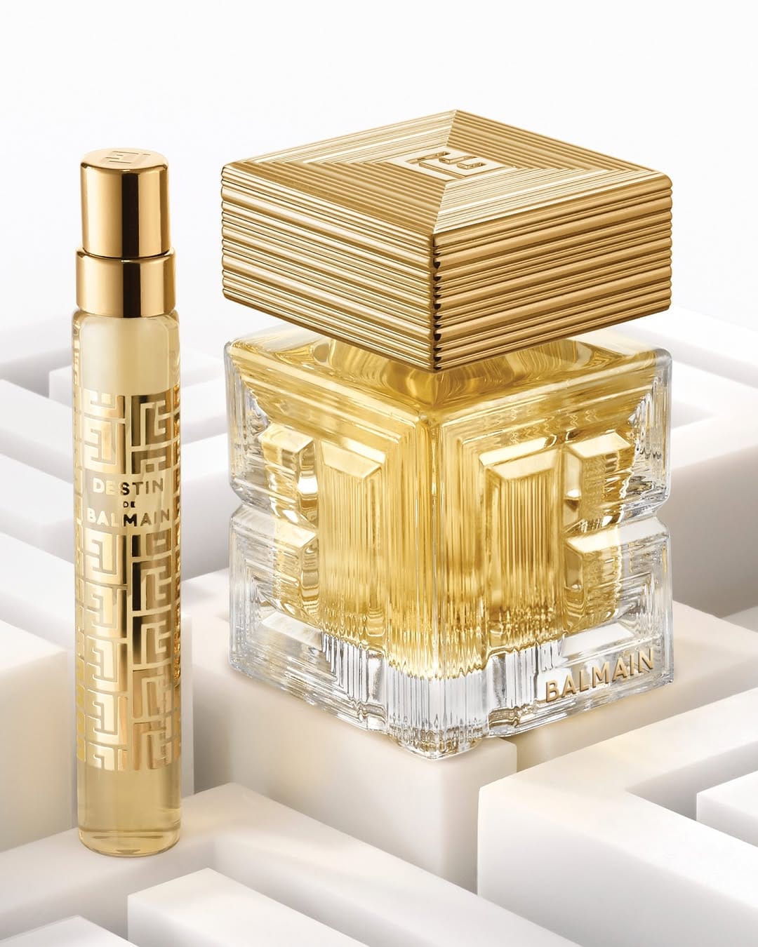 Balmain Beauty fragrance product photo: champagne gold, clear glass and warm gold, glass and metal, studio light, image 2 of 2