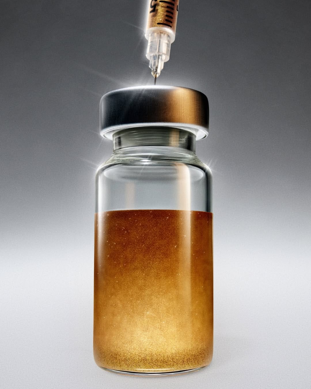 Bloomberg Businessweek peptide vials product photo: amber, black cap and clear glass, glass, studio light