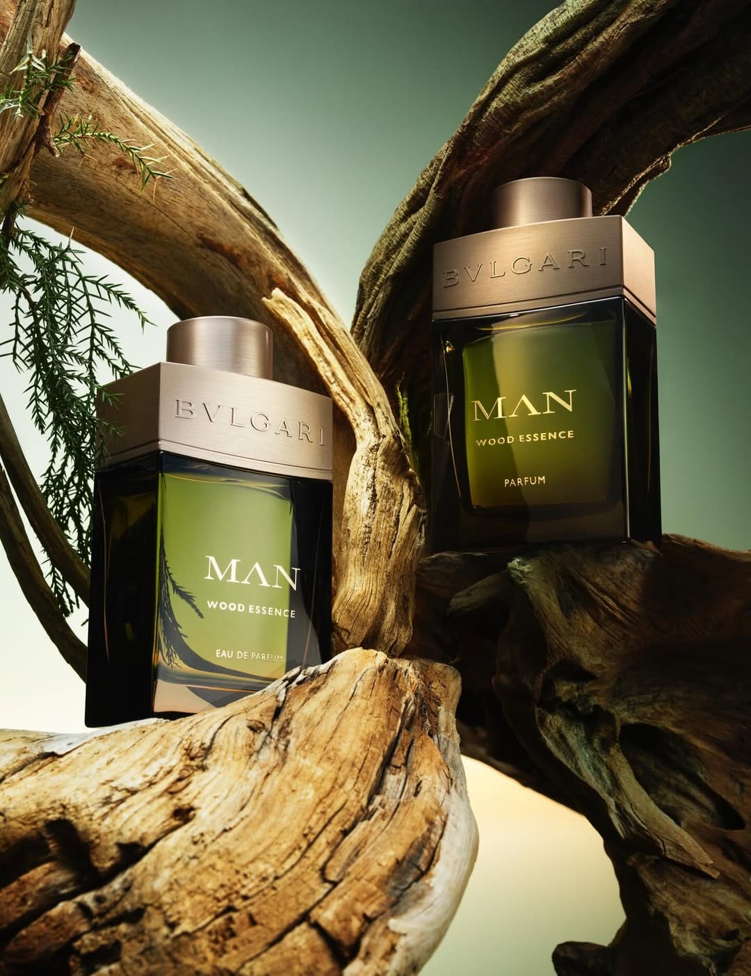 Bvlgari Man Wood Essence product photo: olive green and bronze taupe, glass, dramatic light