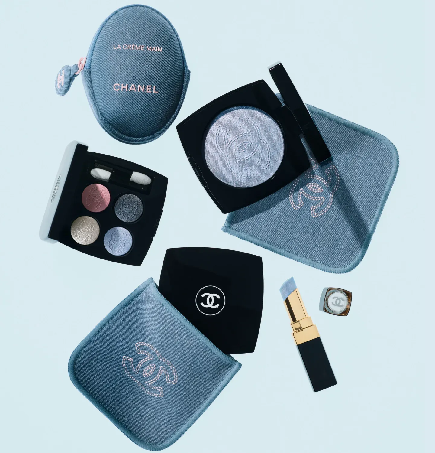 Chanel Denim Collection product photo: denim blue, black and pale blue, fabric, studio light