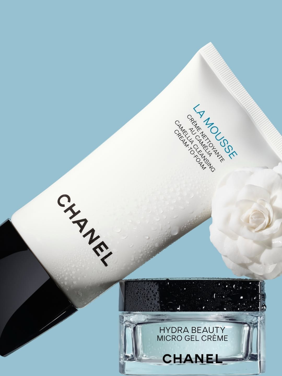 Chanel Hydra Beauty product photo: creamy white, gloss black, golden beige and clear aqua glass, plastic and glass, soft light