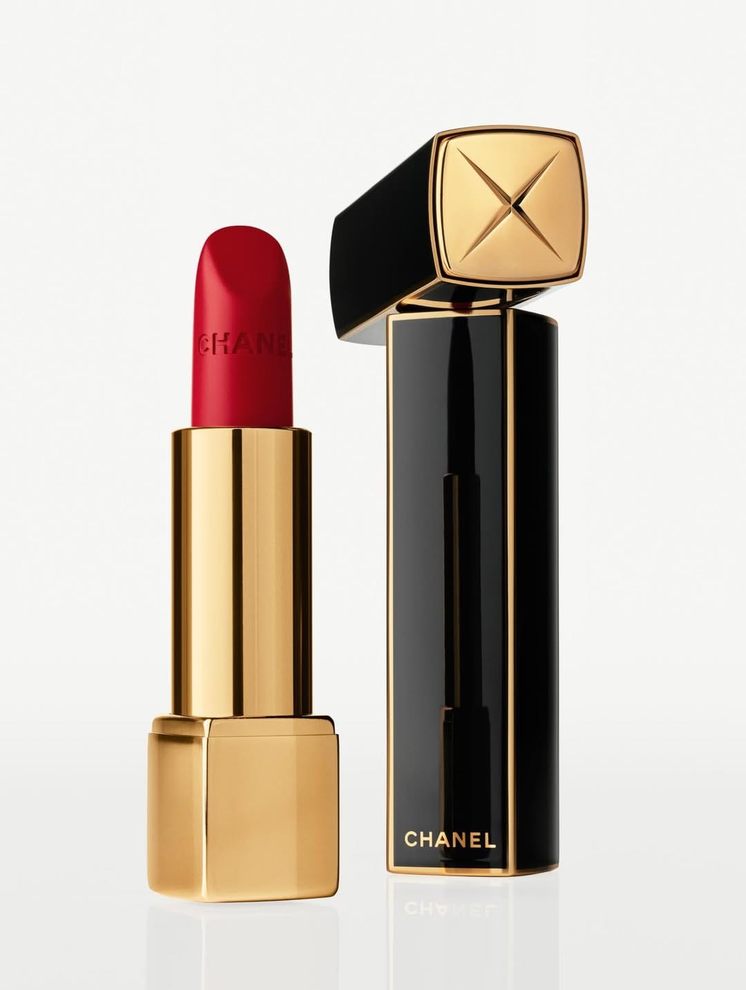 Chanel Rouge Allure Velvet product photo: gold, black lacquer and lipstick red, metal, bright light, image 2 of 2
