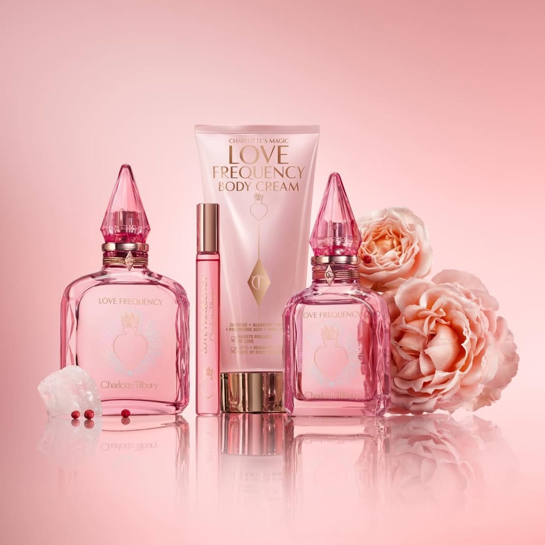 Charlotte Tilbury Skincare product photo: rose pink and rose gold, glass, soft light