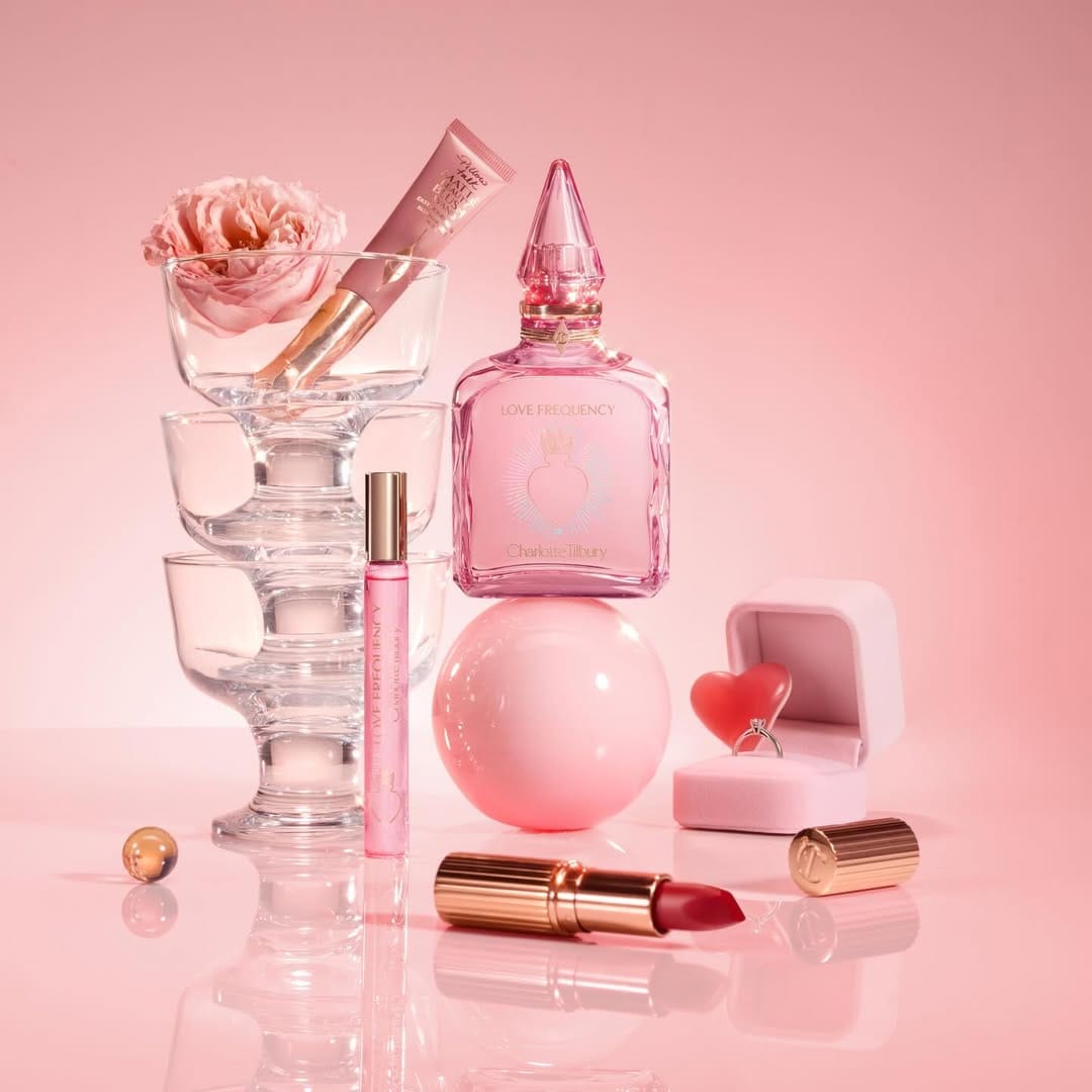 Charlotte Tilbury Skincare product photo: rose pink and rose gold, glass, soft light, image 2 of 2
