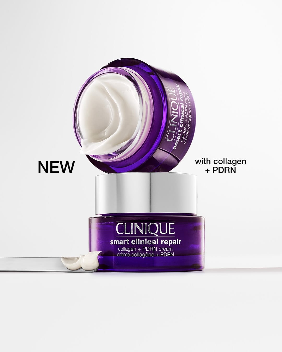 Clinique skincare product photo: deep purple, brushed silver and cream white, plastic, bright light
