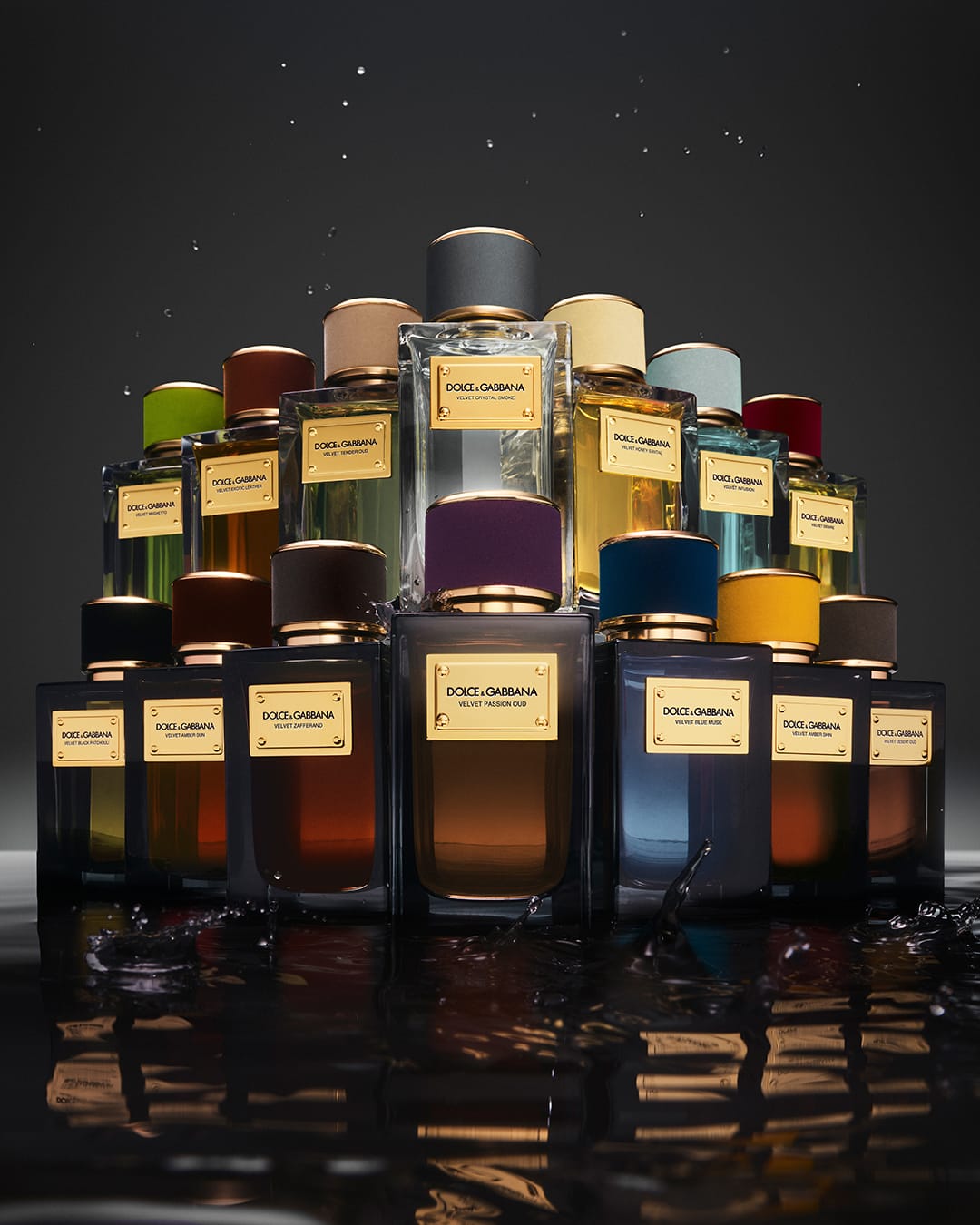 Dolce&Gabbana Velvet Collection product photo: gold label, amber and black, glass, dramatic light