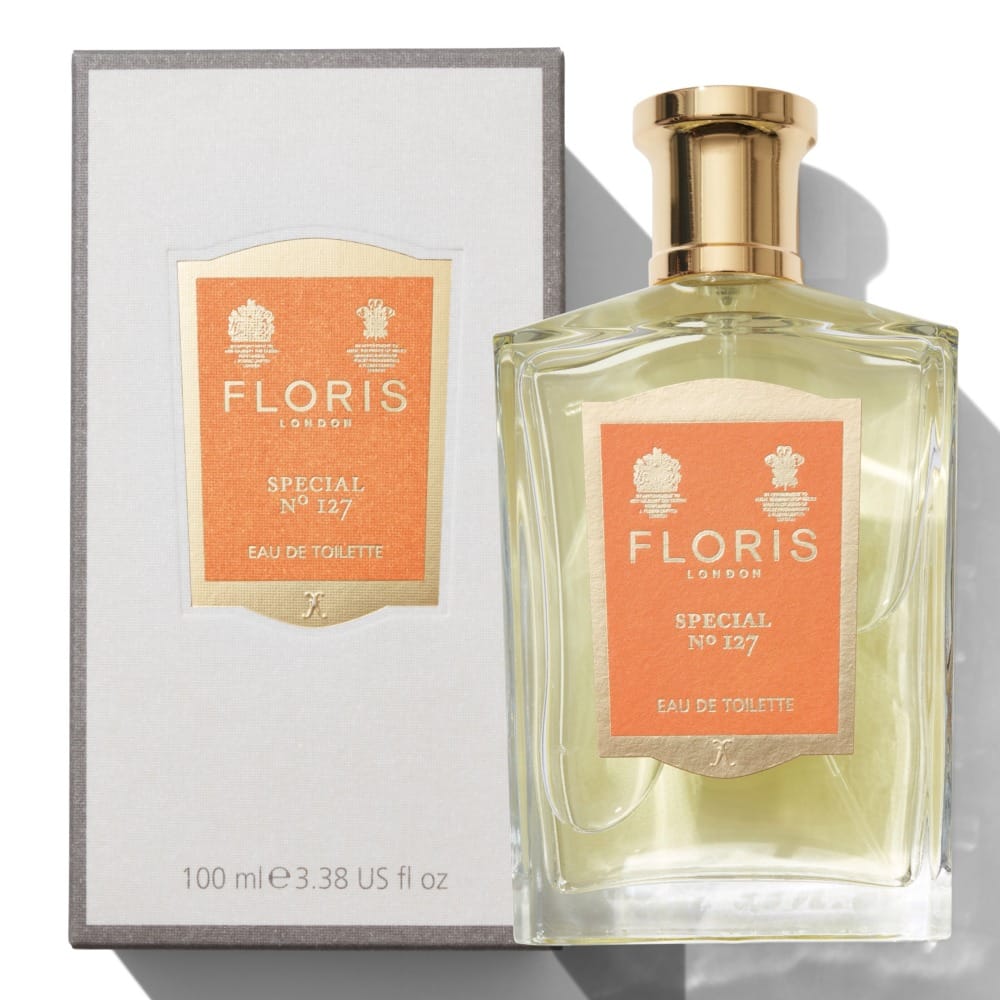 Floris Special No. 127 product photo: pale lemon, burnt orange, champagne gold and white box, glass, soft light, image 2 of 4