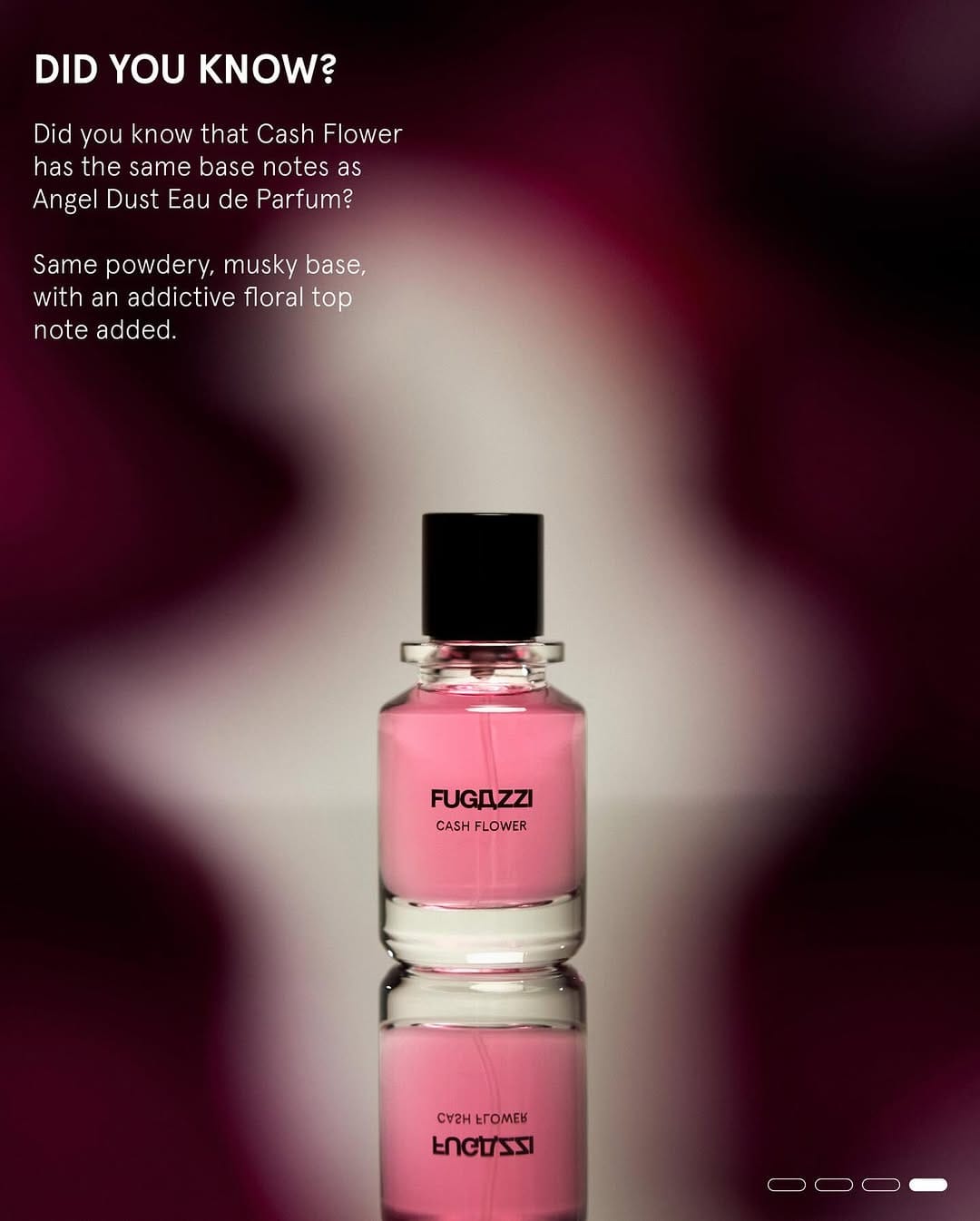 Fugazzi fragrance product photo: rose pink and black cap, glass, soft light, image 4 of 4