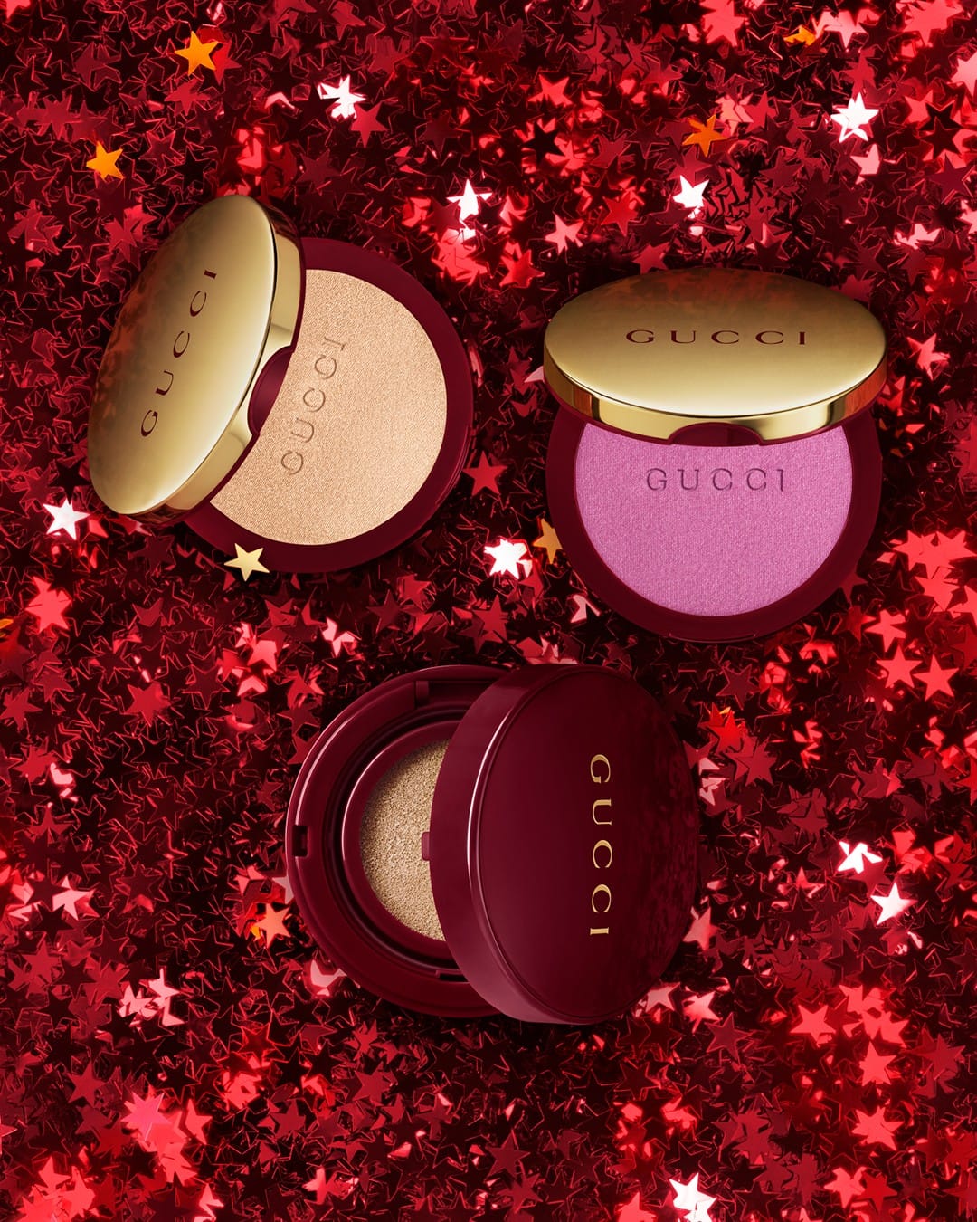 Gucci Beauty's Lunar New Year product photo: burgundy red, gold and blush pink, metal, studio light