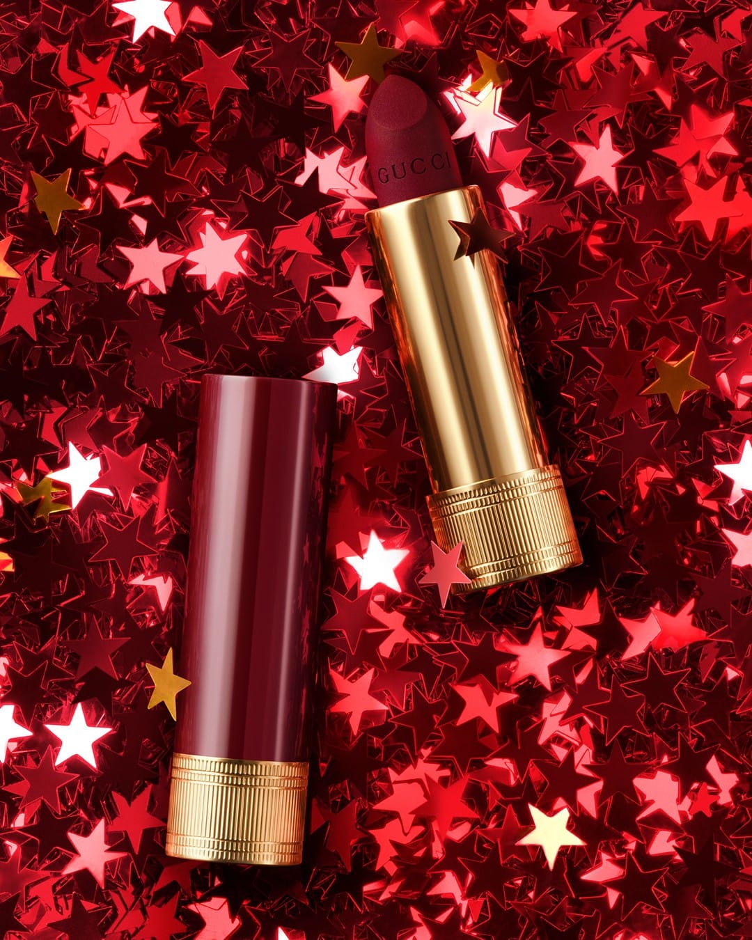 Gucci Beauty's Lunar New Year product photo: burgundy red, gold and blush pink, metal, studio light, image 2 of 3