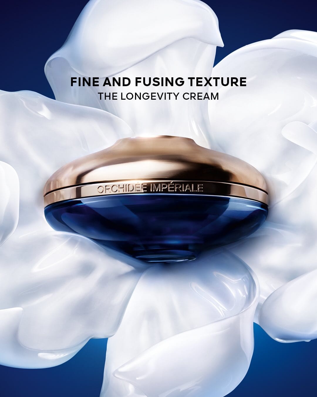 Guerlain skincare product photo: midnight blue, rose gold lid and cream white, glass, studio light, image 3 of 4
