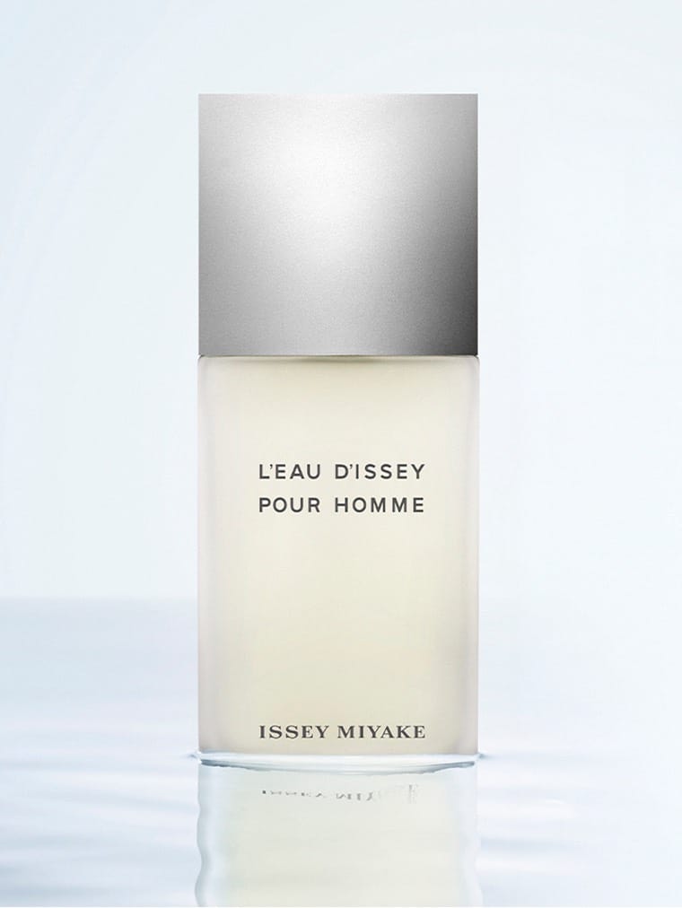 Issey Miyake L'Eau d'Issey product photo: frosted glass, brushed silver and milky white, glass, soft light, image 5 of 8