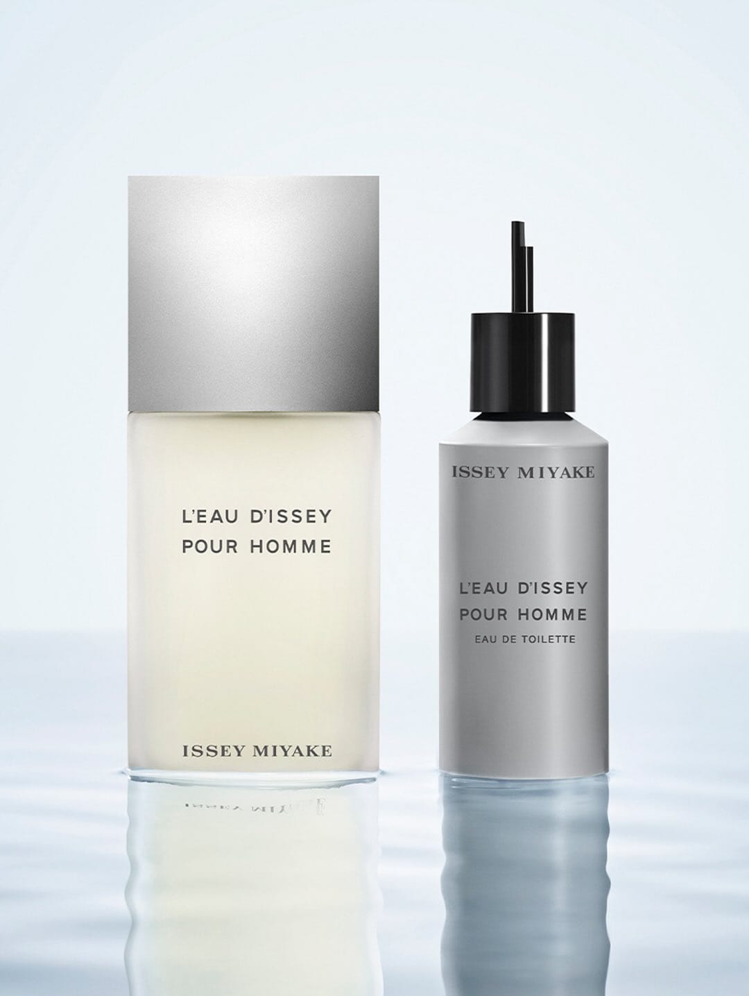 Issey Miyake L'Eau d'Issey product photo: frosted glass, brushed silver and milky white, glass, soft light, image 6 of 8