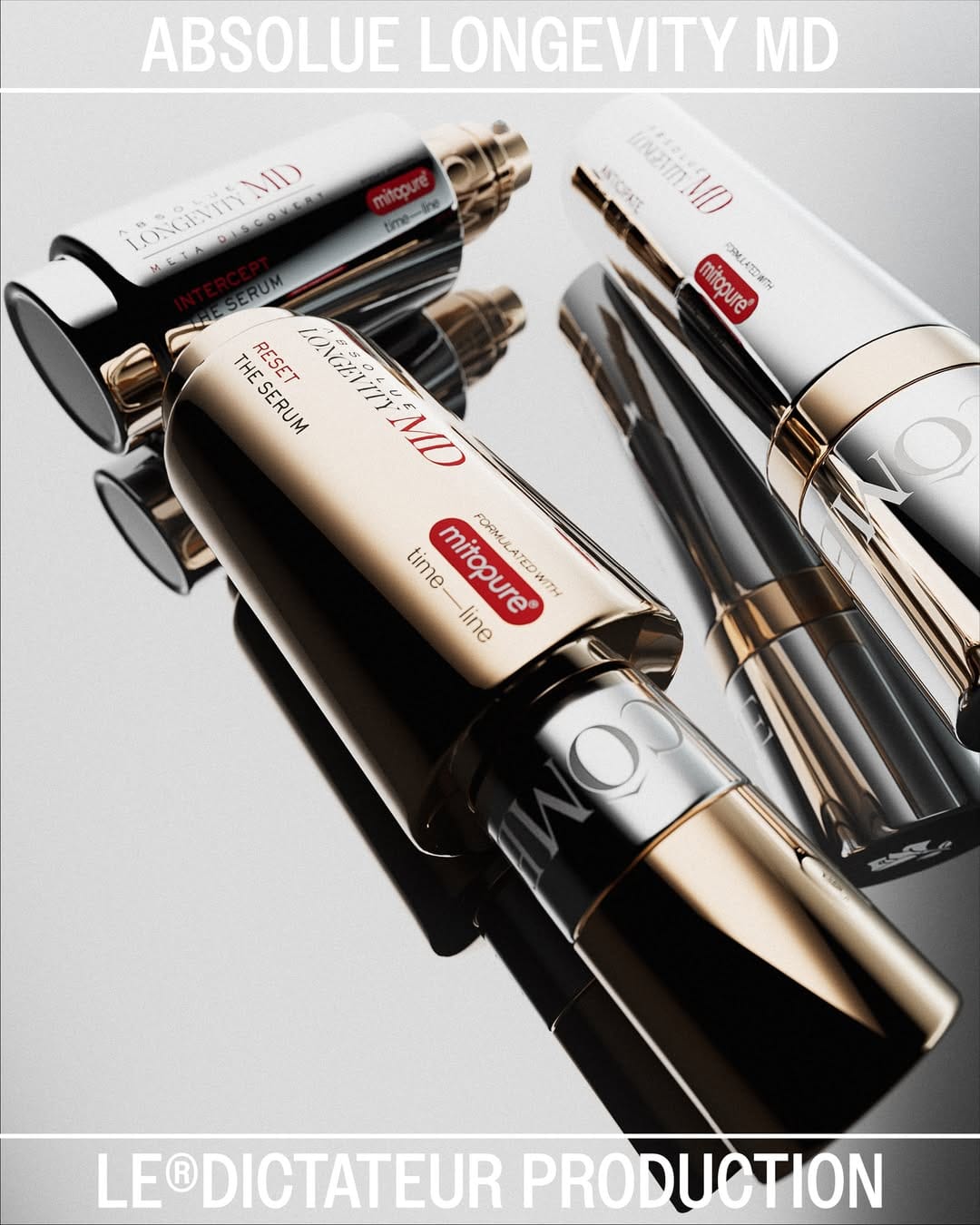 Lancôme anti-age product photo: chrome silver, black and champagne gold, metal, studio light