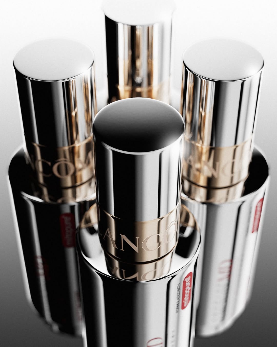 Lancôme anti-age product photo: chrome silver, black and champagne gold, metal, studio light, image 2 of 4