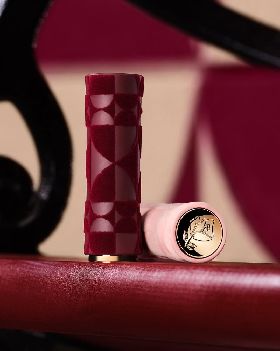 Lancôme L'Absolu Rouge Drama Matte product photo: burgundy velvet, blush pink and gold, fabric, studio light, image 1 of 5