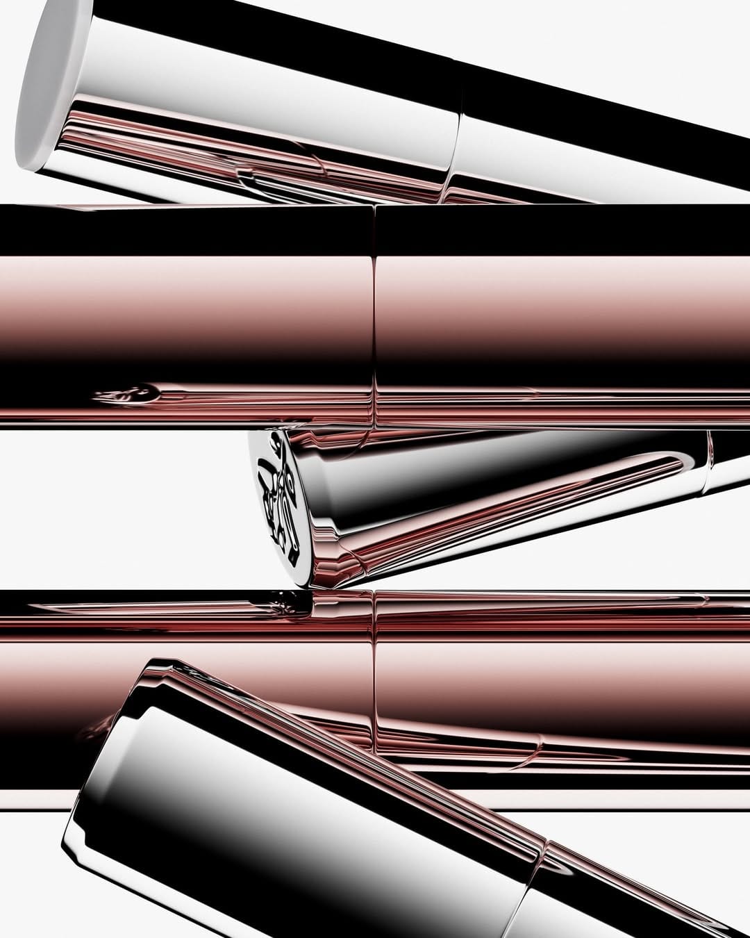 Lancôme lip balm product photo: chrome silver, black and lipstick red, metal, studio light