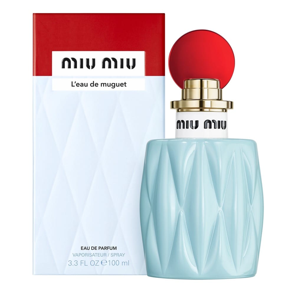Miu Miu fragrance product photo: powder blue, cherry red, gold collar and white, glass, studio light, image 2 of 3