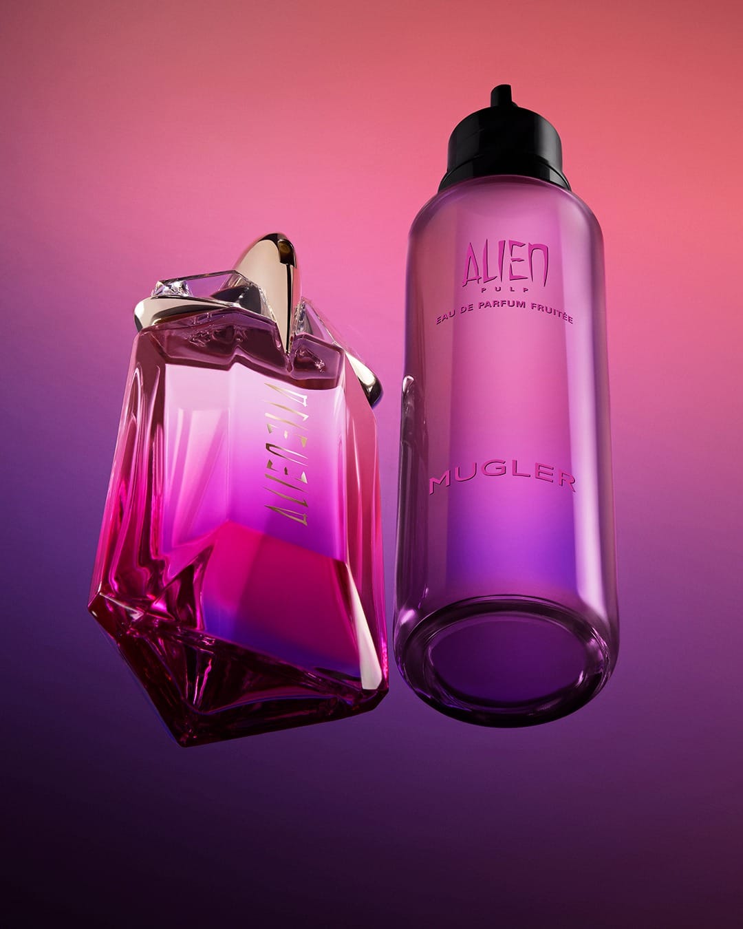 Mugler Alien Pulp product photo: magenta pink, violet and rose gold, glass, studio light