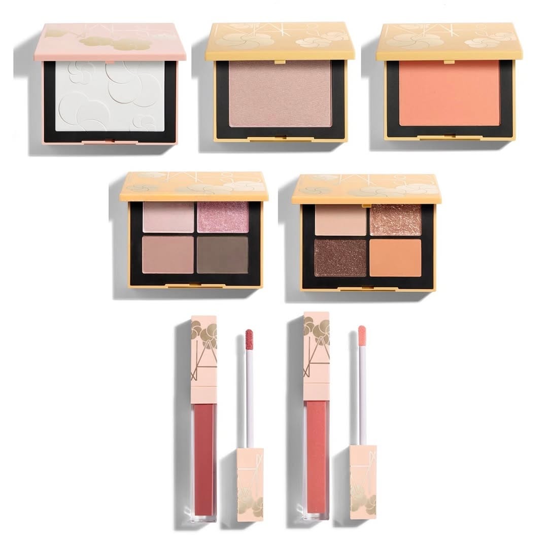 Nars lip gloss product photo: nude beige, rose pink, peach and gold trim, plastic, studio light