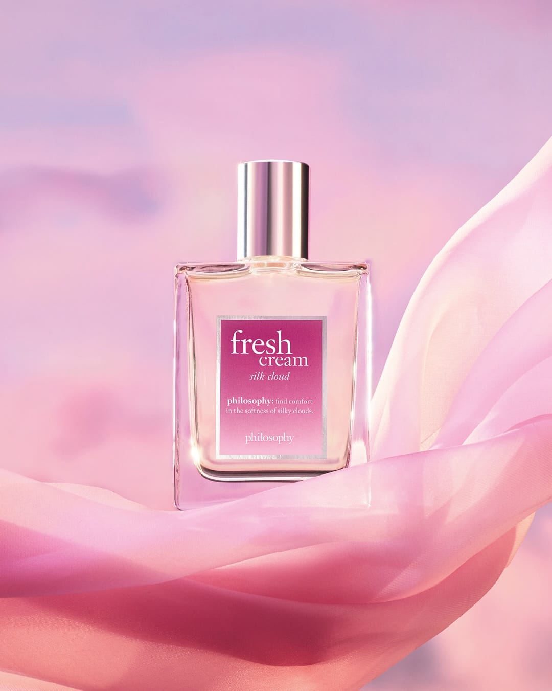 Philosophy Fresh Cream product photo: magenta pink, clear glass and lavender silver cap, glass, soft light