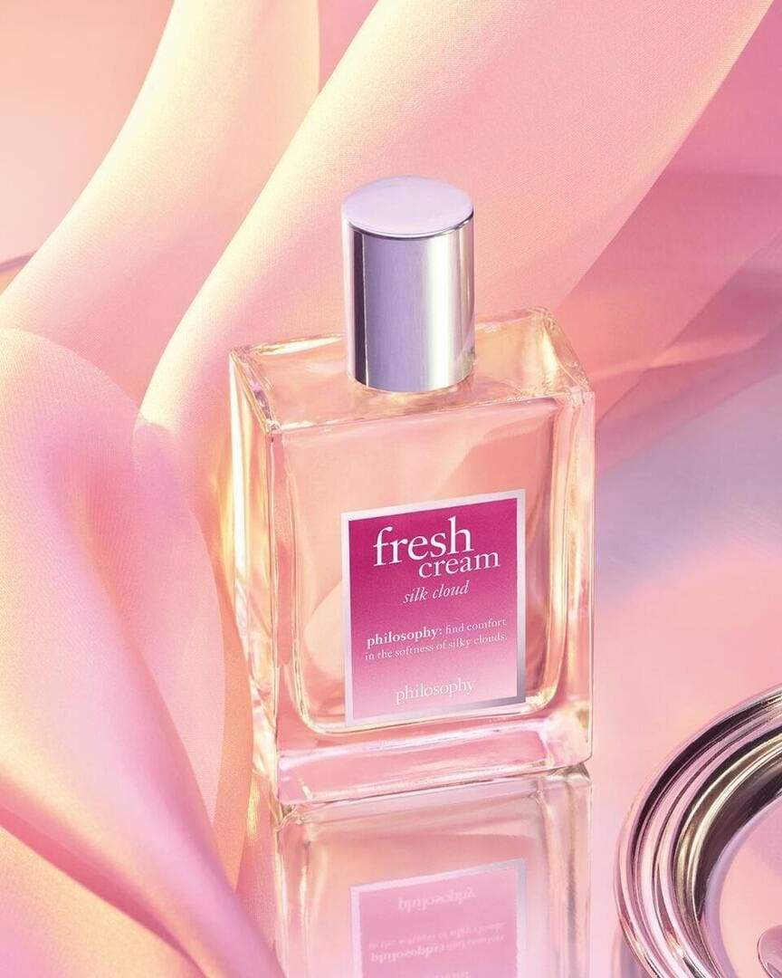 Philosophy Fresh Cream product photo: magenta pink, clear glass and lavender silver cap, glass, soft light, image 2 of 2