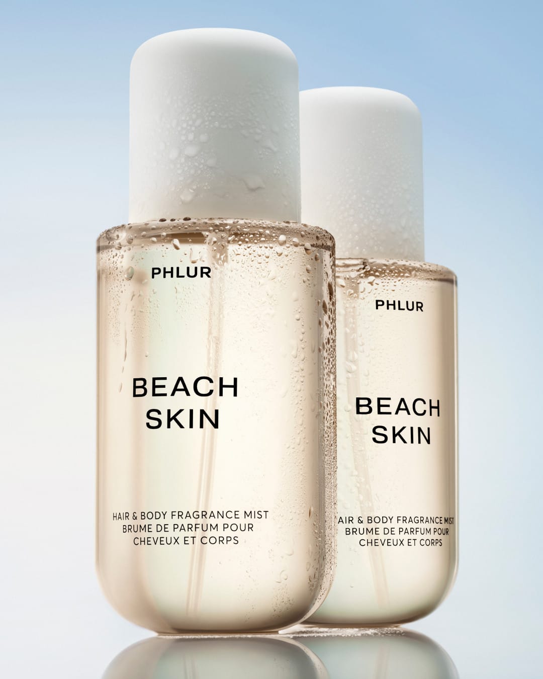 PHLUR fragrance photography product photo: sand peach, chalk white and clear glass, glass, bright light