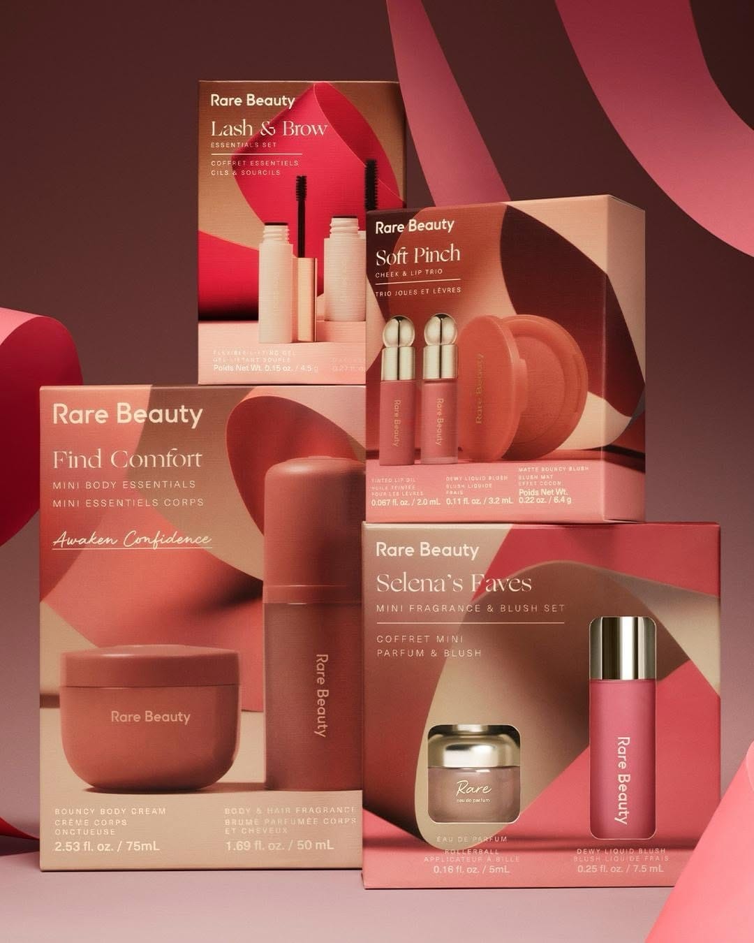 Rare Beauty product photo: coral red, rose pink, cream and gold, paper, soft light