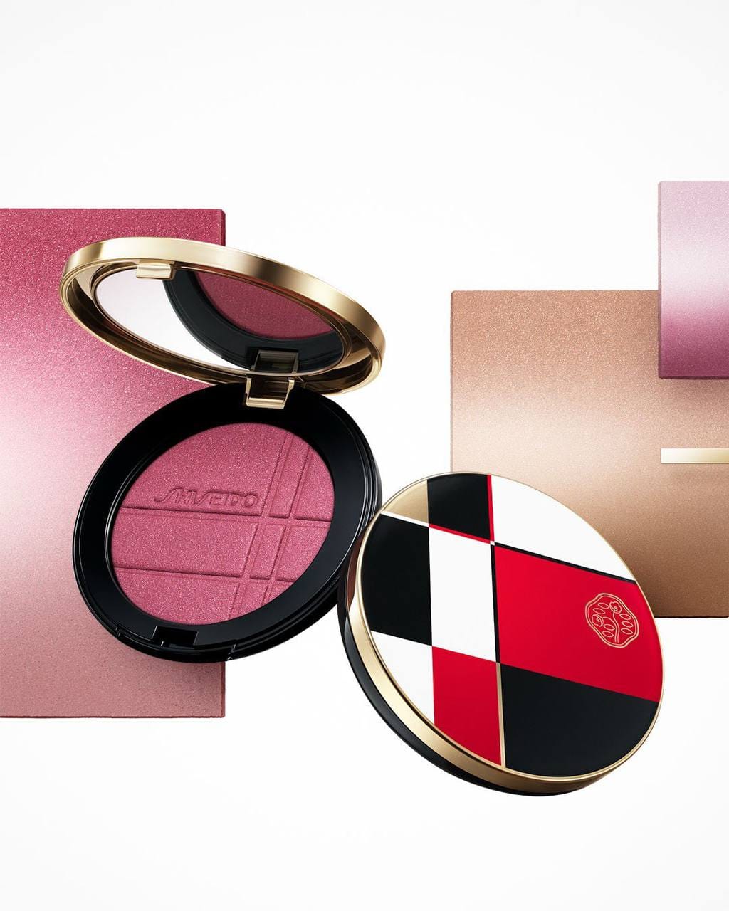 Shiseido campaign product photo: rose pink, black, gold ring and red, plastic, bright light, image 2 of 2