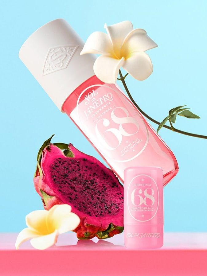 Sol de Janeiro product photo: rose pink, golden yellow and white cap, glass, bright light, image 3 of 3