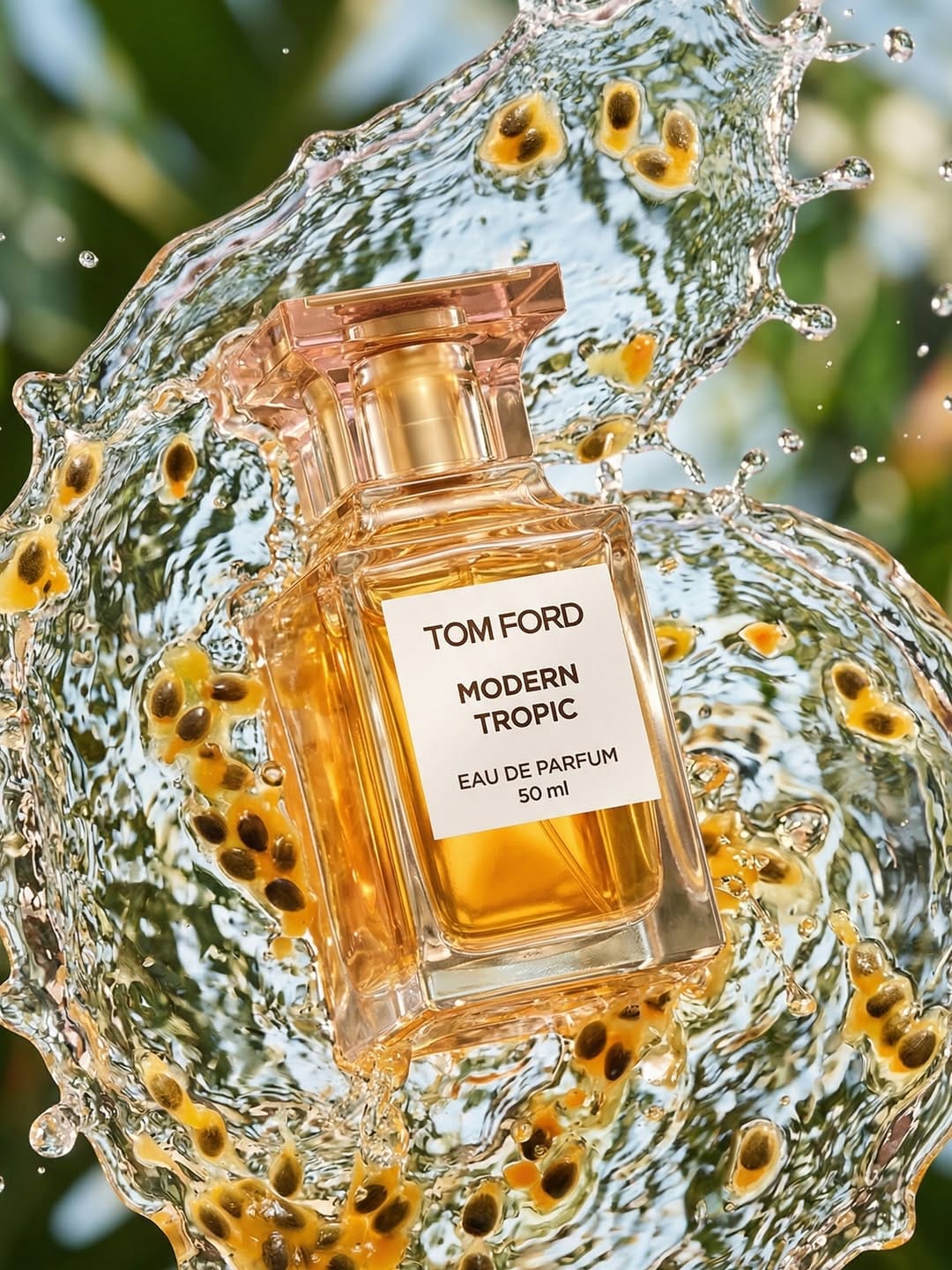 Tom Ford Beauty product photo: clear glass, gold cap, amber peach and ruby red, glass, bright light, image 3 of 3