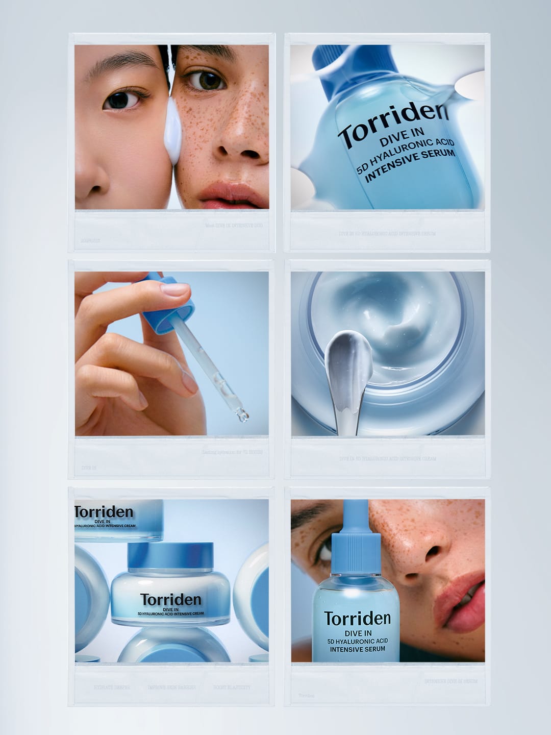 Torriden skincare product photo: hyaluronic blue and frosted clear, glass, soft light