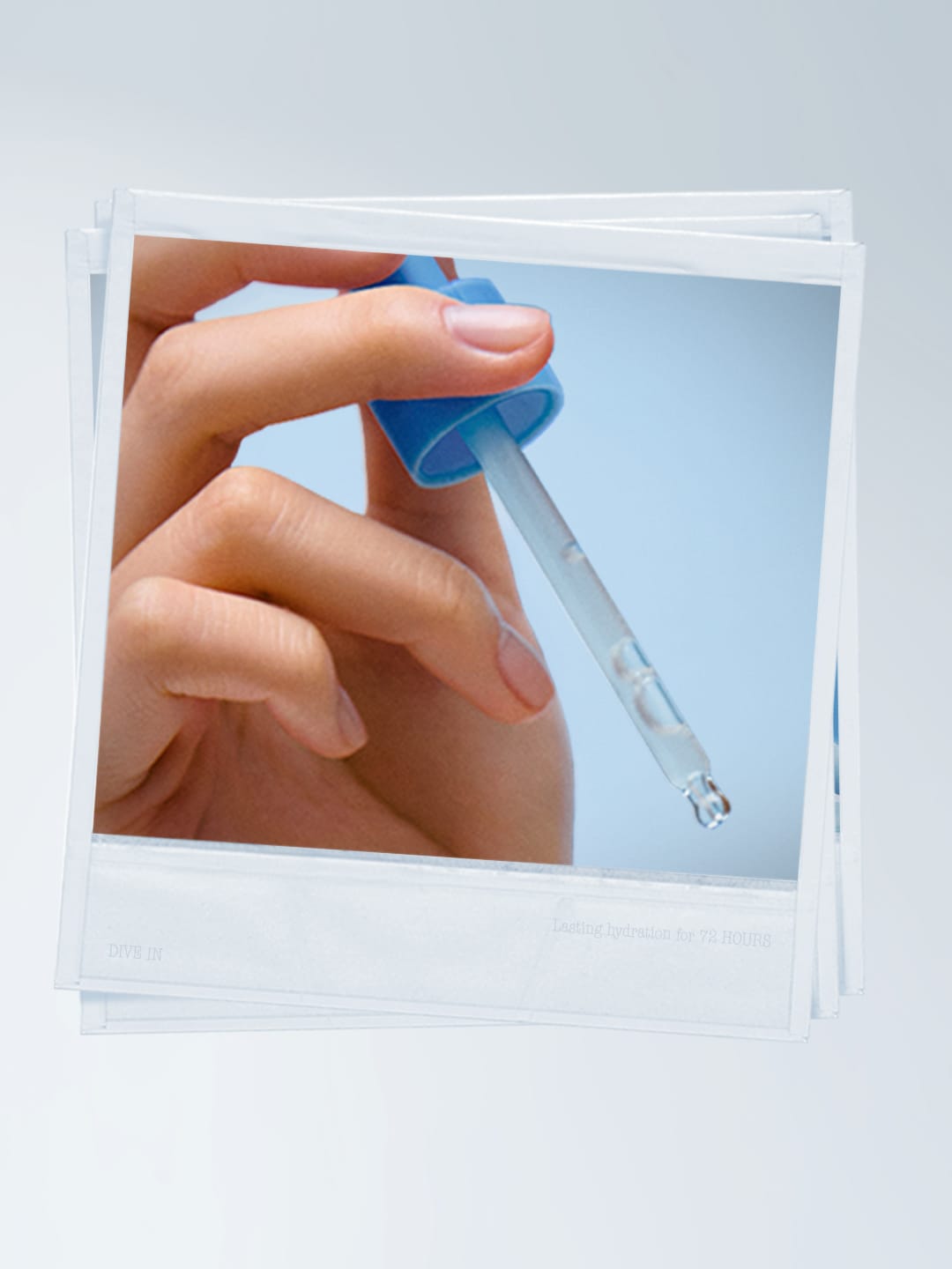Torriden skincare product photo: hyaluronic blue and frosted clear, glass, soft light, image 3 of 6
