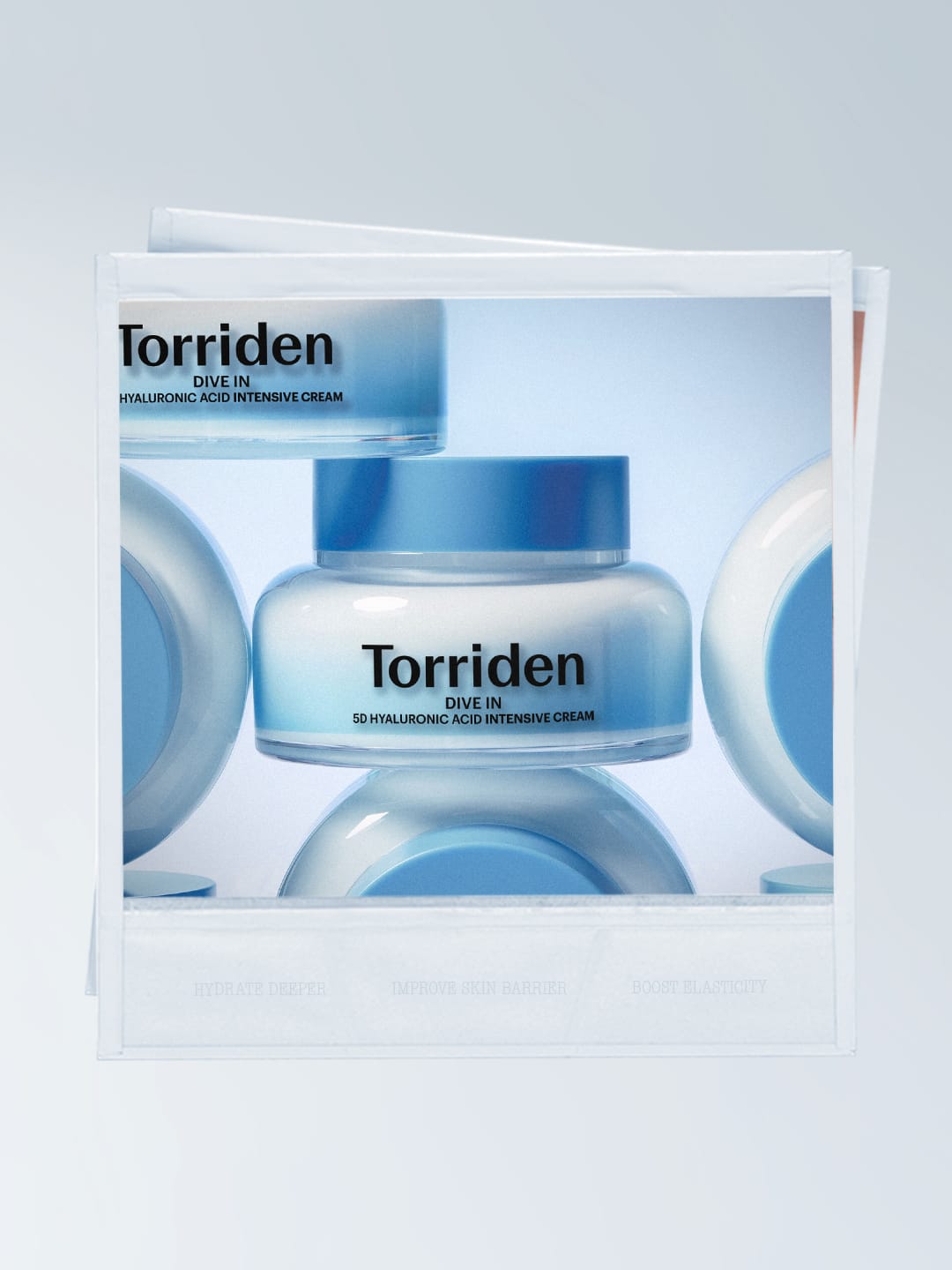 Torriden skincare product photo: hyaluronic blue and frosted clear, glass, soft light, image 6 of 6