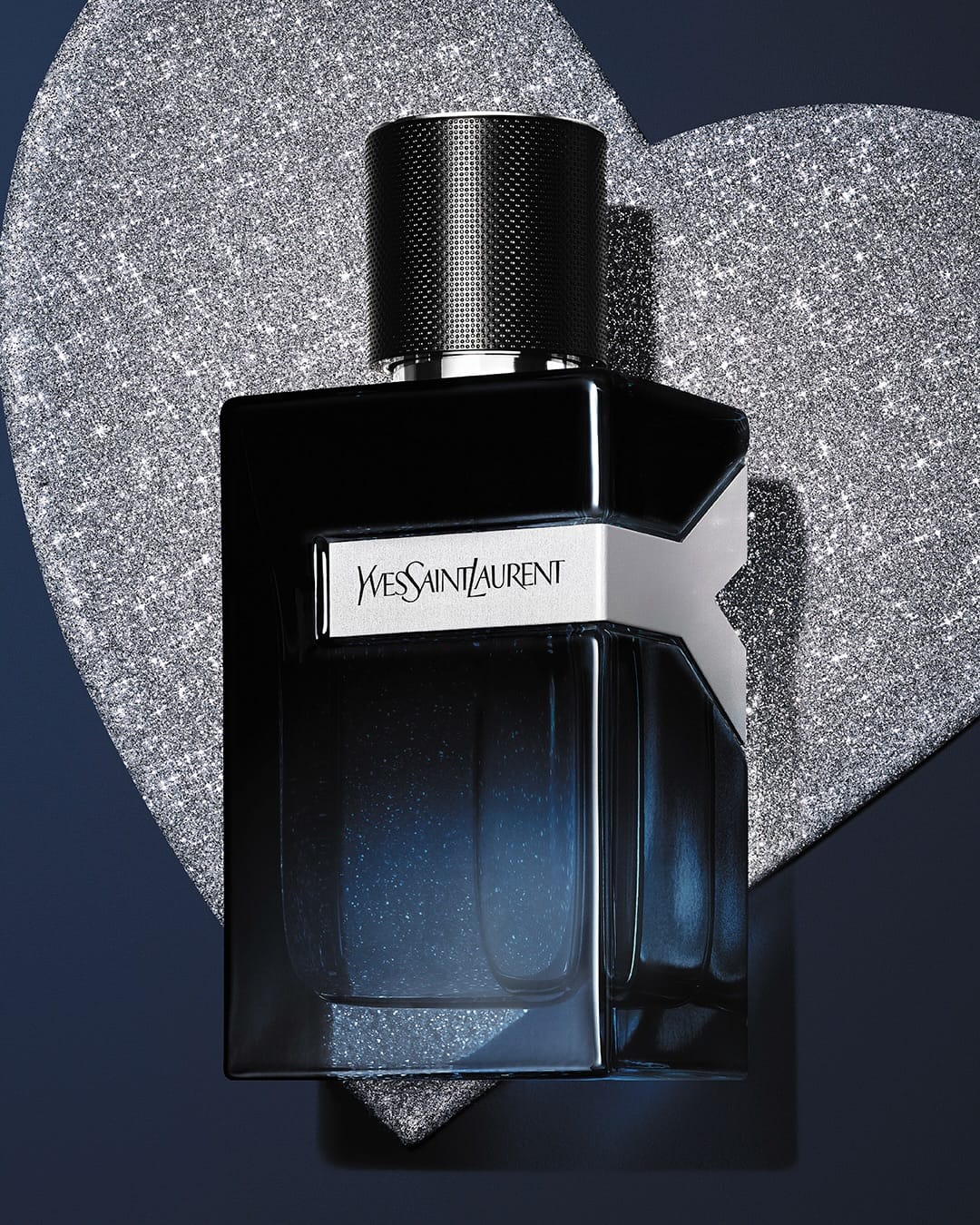 YSL Beauty fragrance product photo: midnight black, deep blue and silver, glass, studio light