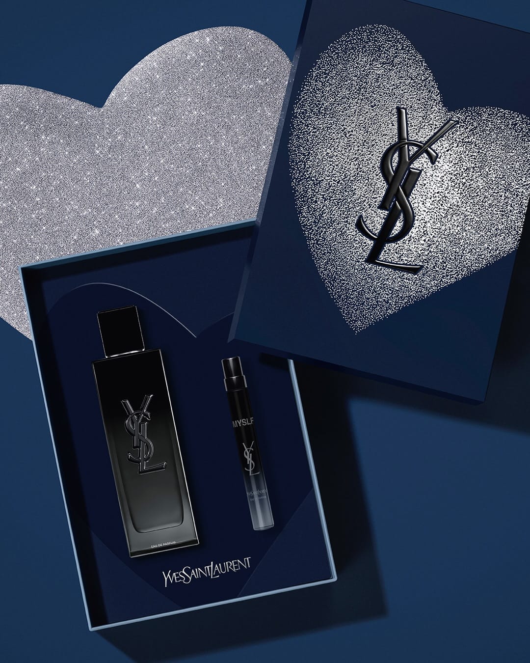 YSL Beauty fragrance product photo: midnight black, deep blue and silver, glass, studio light, image 2 of 2