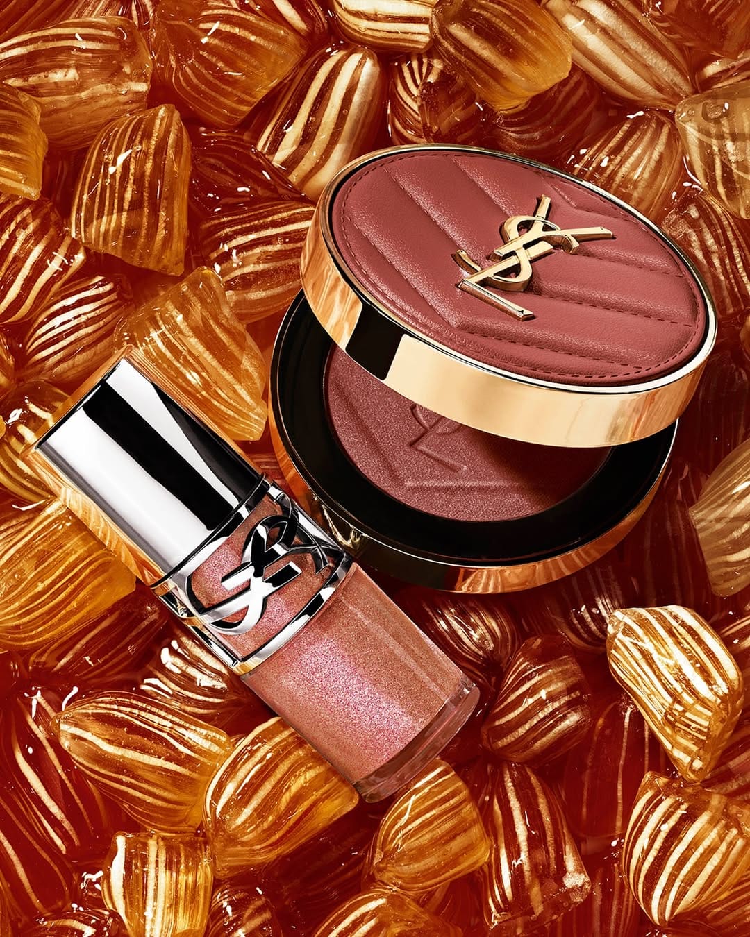 YSL Beauty LOVESHINE product photo: terracotta rose, gold, blush pink and chrome, metal, studio light