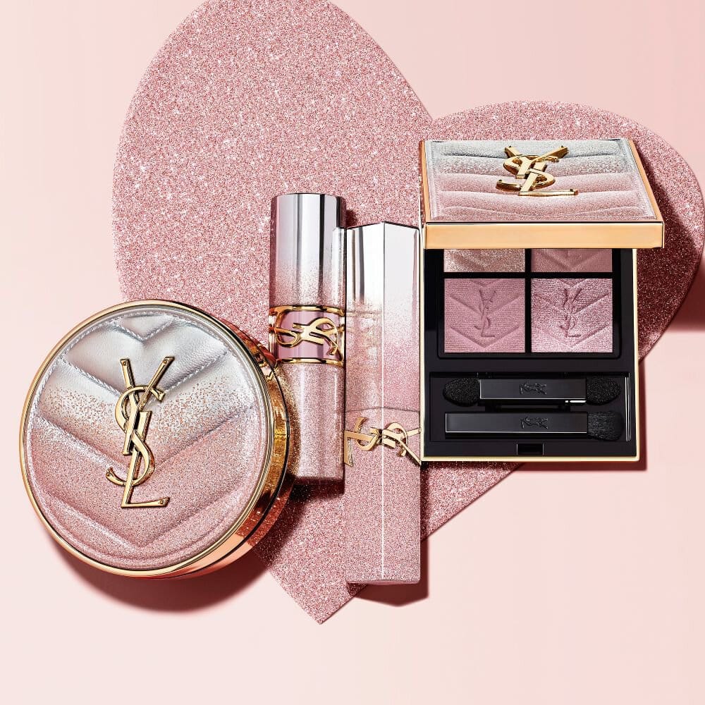 YSL Beauty Valentine's product photo: blush pink, logo gold, heart red and navy, glass, bright light