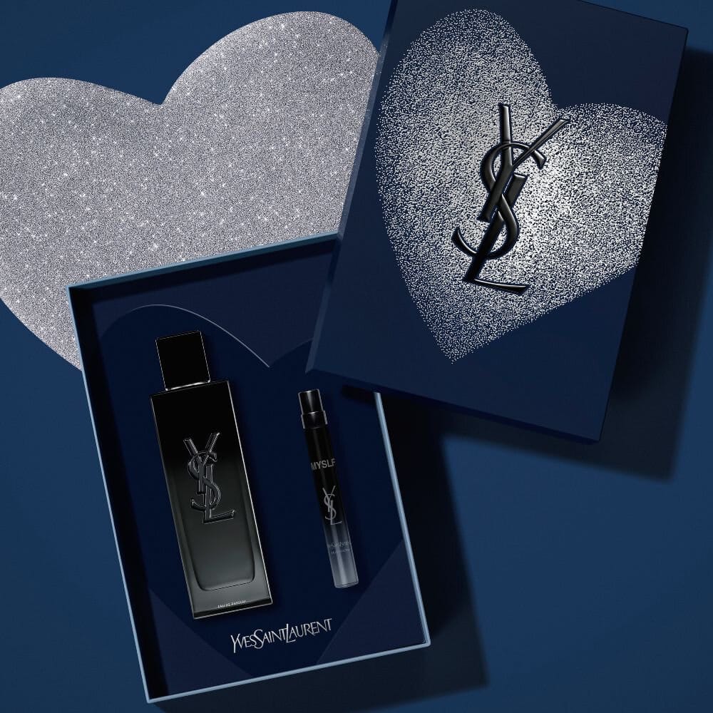 YSL Beauty Valentine's product photo: blush pink, logo gold, heart red and navy, glass, bright light, image 3 of 4