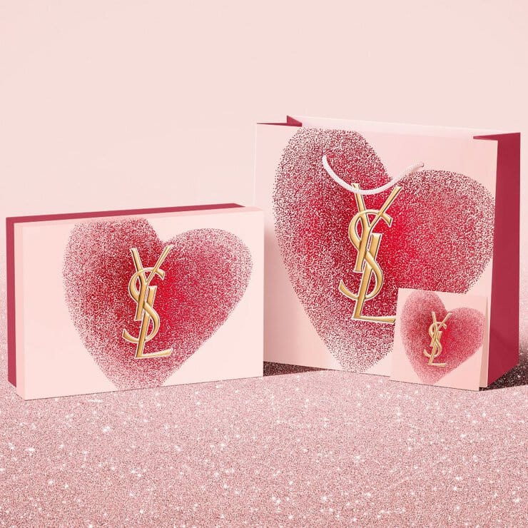 YSL Beauty Valentine's product photo: blush pink, logo gold, heart red and navy, glass, bright light, image 4 of 4