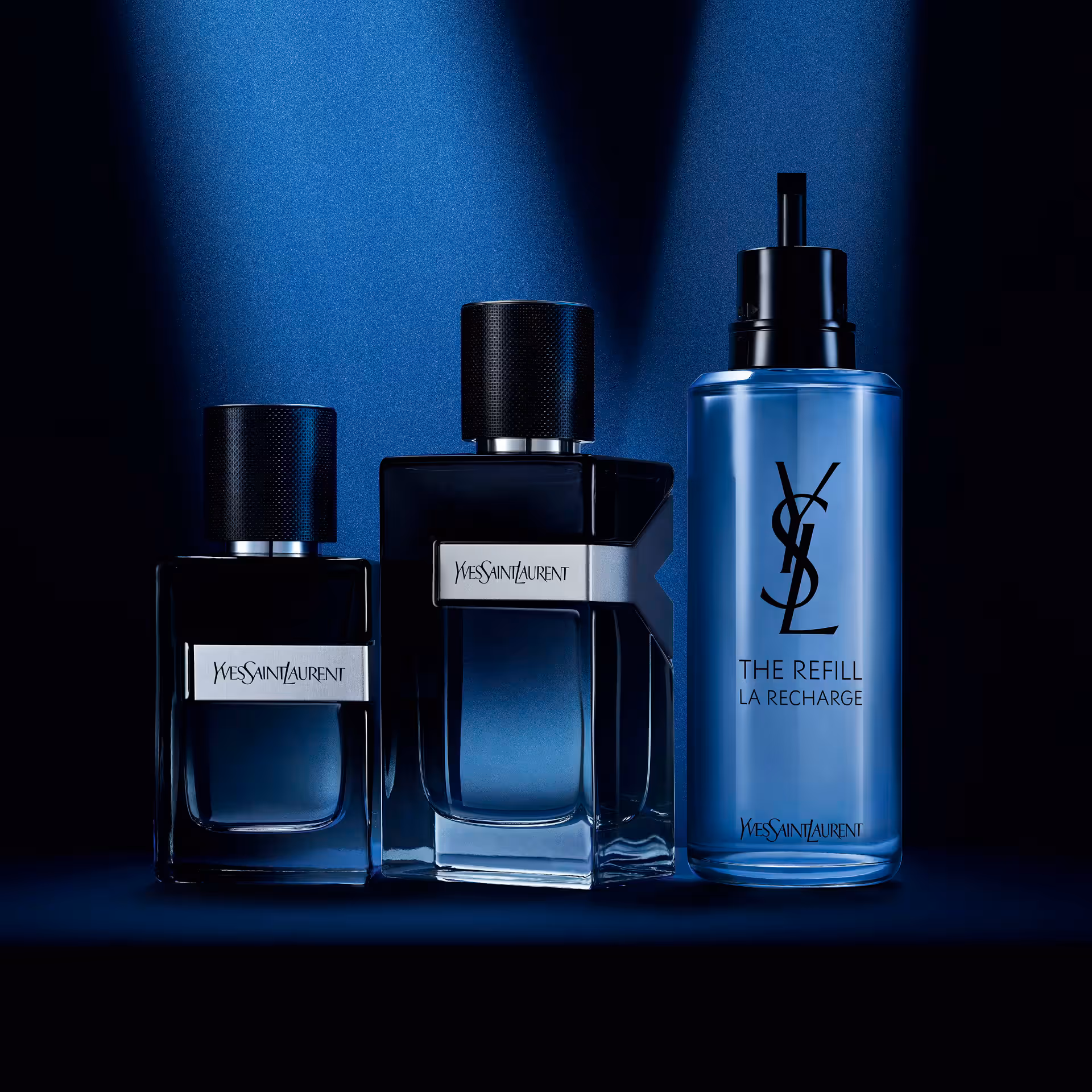 YSL Y Eau de Parfum product photo: midnight black, deep blue and silver, glass, studio light, image 1 of 2